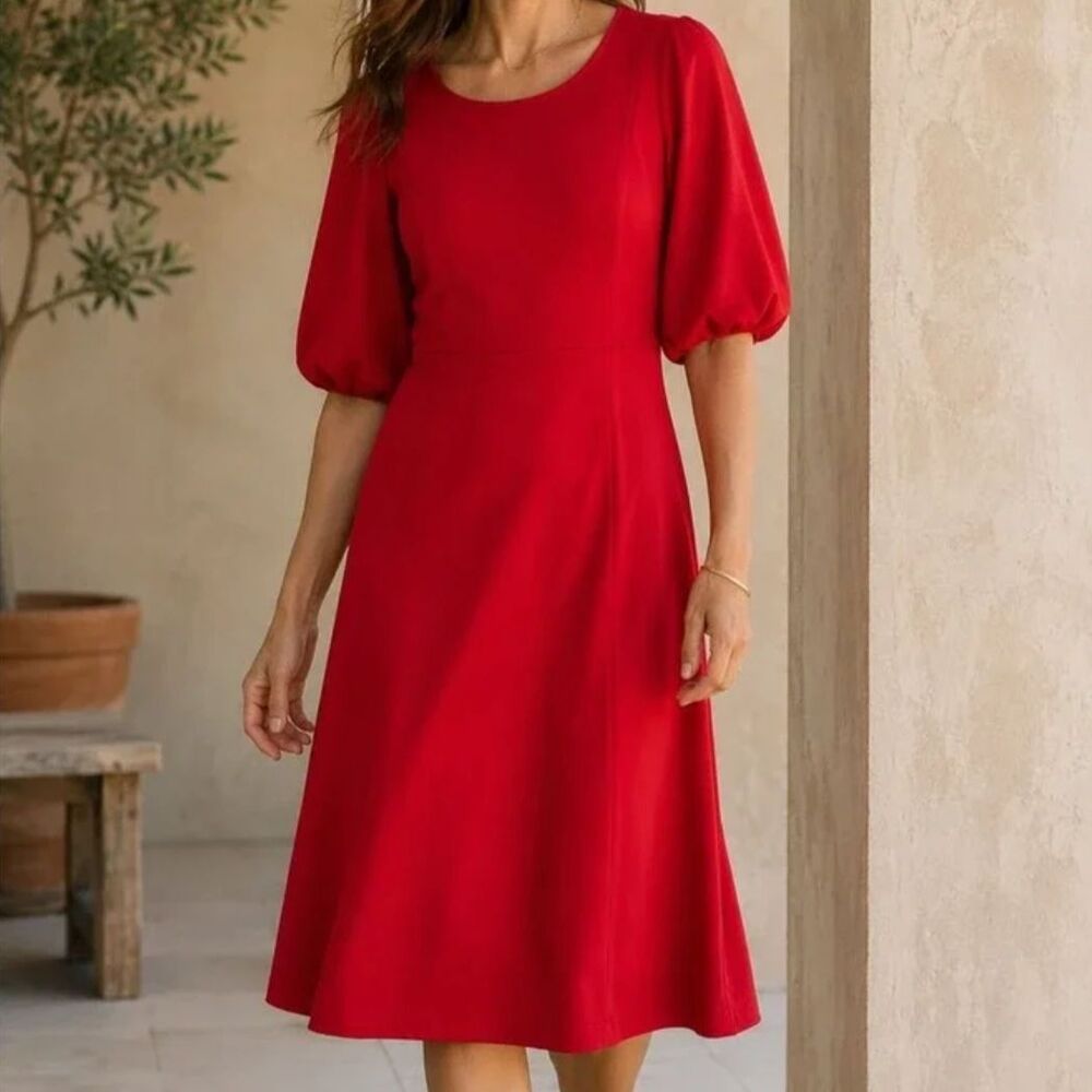 J Jill NWT Red Puff Sleeve Midi Dress Medium